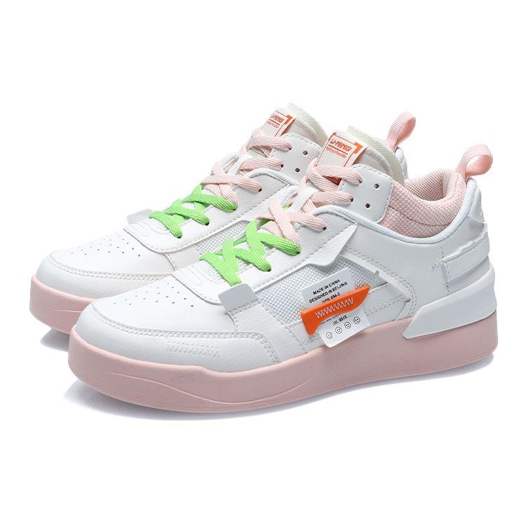 Li Ning CF New Series Classic Casual Non-Slip Lightweight Mid-Top Skate Shoes Women Sneakers White Pink AGCR112-1