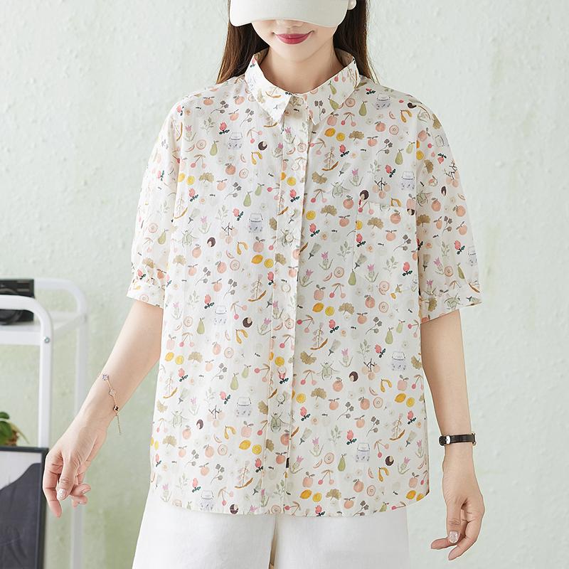 DIMANAF 2026 Plus Size New Summer Women Blouse Shirt Short Sleeve Beach Print Floral Casual Loose Cotton Lady Tops Tees Shirts