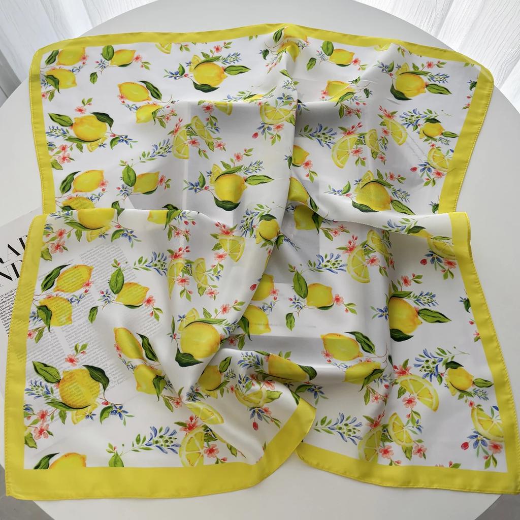 70cm Square Lemon Print Yellow Soft Satin Scarf Casual Elegant Thin Breathable Neck Women Windproof Head Wrap Hair Scarves 2025