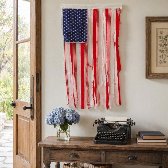 Patriotic Decorations Wreath & Flag Banner, 3D Star Hanging Ornaments for Front Door, Weatherproof Porch Hanging, Outdoor Wall Sign for Independence