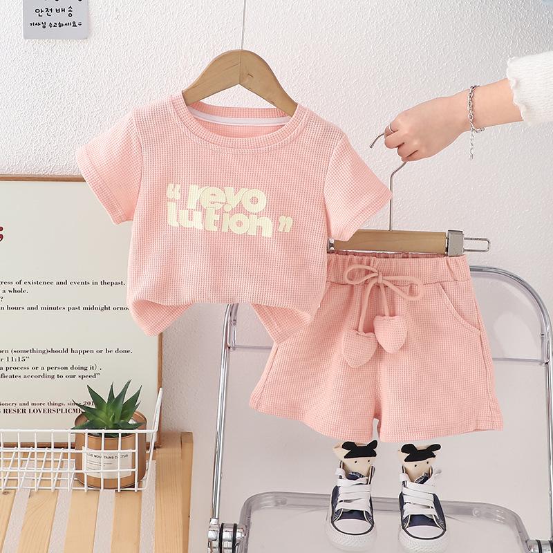 

Детский летний комплект с коротким рукавом для девочек, модный вафельный комплект из двух предметов с коротким рукавом для малышей 90cm розовый