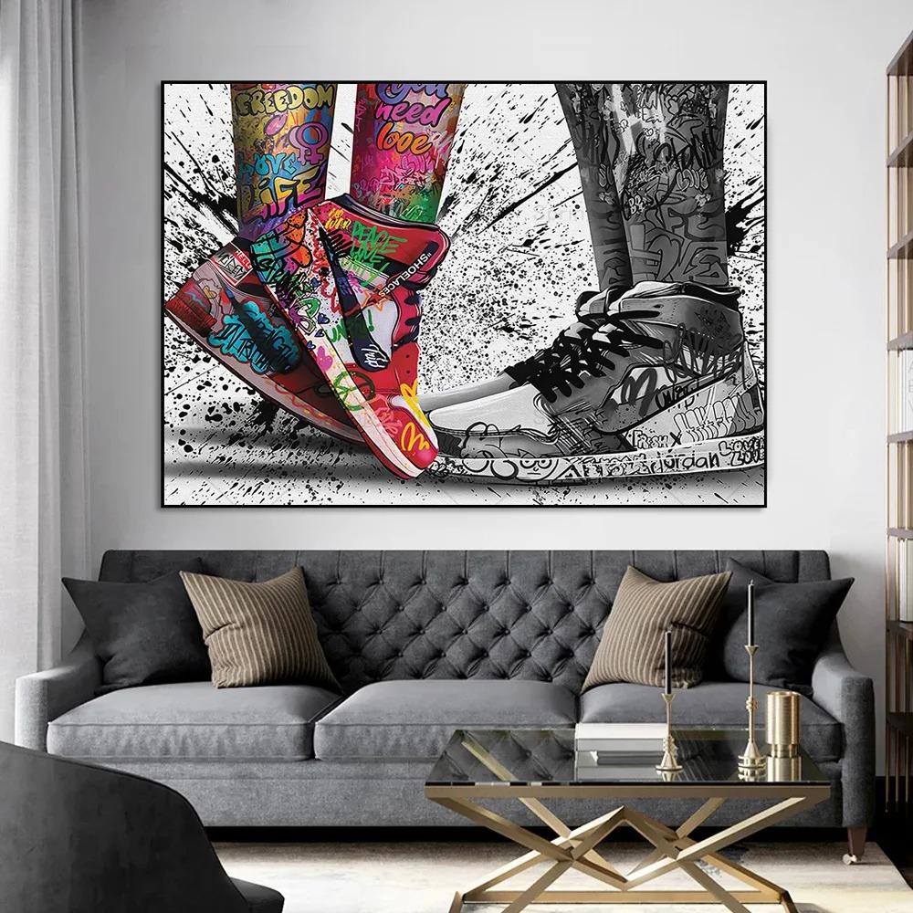 Street Graffiti Abstract Wall Art Poster Sneakers Gestures Love Hearts Lips Pop Mural Modern Home Decor Canvas Pictures Prints