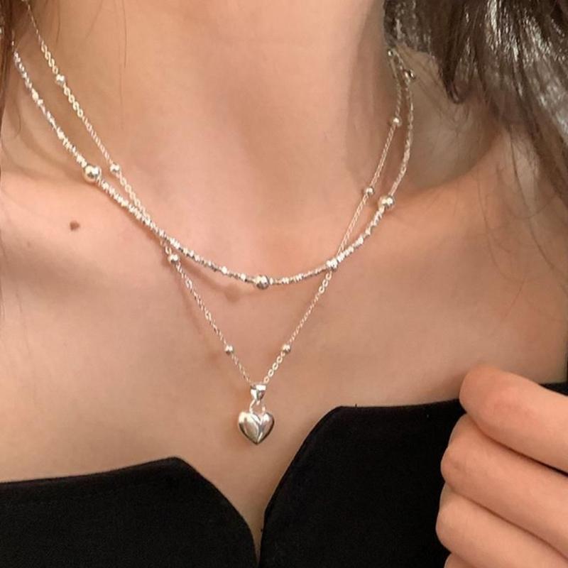 Fashion Heart Pendant Necklace Silver Color Bead Layered Necklace Temperament Clavicle Chain Necklace Choker Jewelry