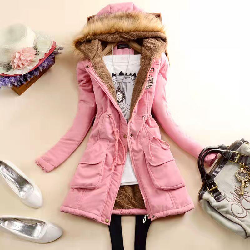 13 Kleuren Dames Winter Dik Warm Parka met Capuchon Katoen Gevoerde Jas Slanke Jas XXXL pink