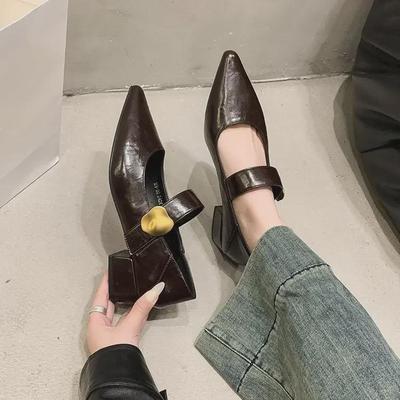 2024 Herbst Damen Dicke Absätze Spitzschuhe Mary Janes Lederschuhe - Mittelhoher Absatz, Britischer Casual-Stil