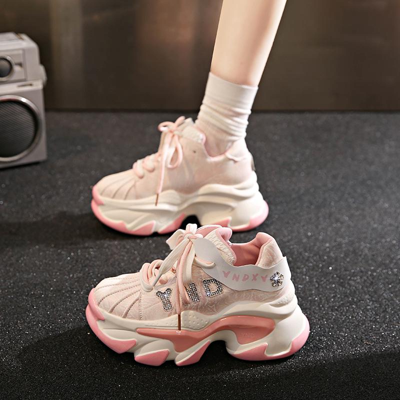 Fashion 8CM Microfiber Leather Bling Sneakers New 2025 Autumn Thick Soled Sports Dad Shoes Diamond Breathable Casual Chunky Shoes