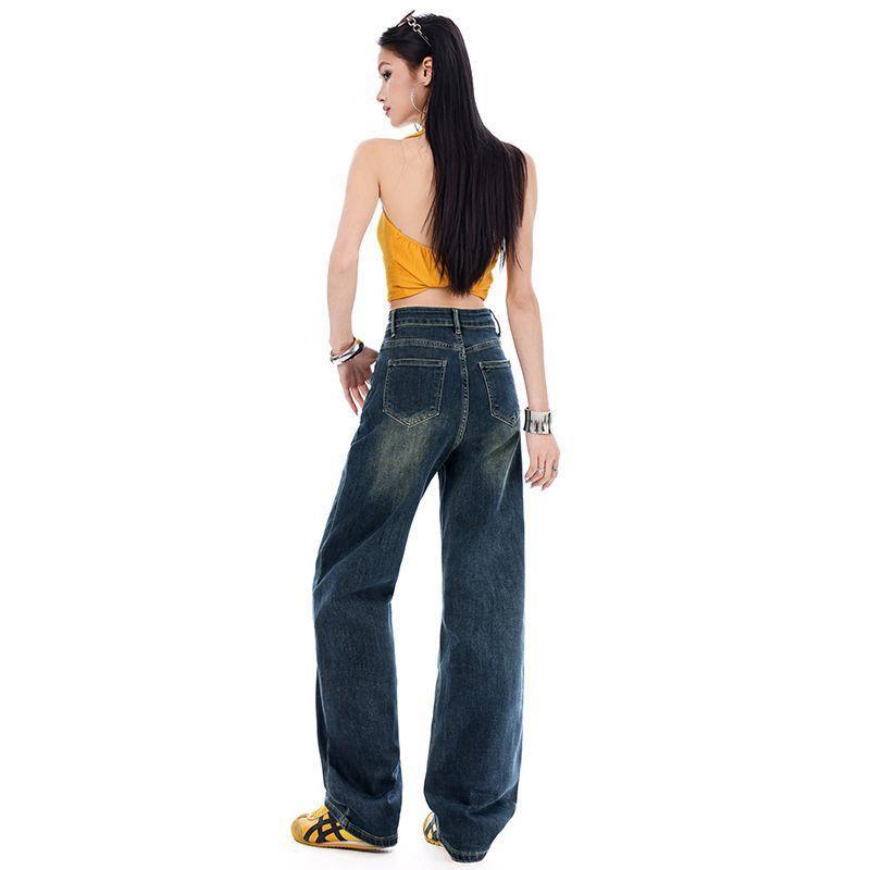 Spring Summer Vintage High Waist Relaxed Slim Straight Floor Wide Leg Denim Pants For Ladies Casual Pants Oversize Denim Trousers