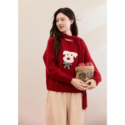Mishow New Year Red Dog Jacquard Knit Sweater