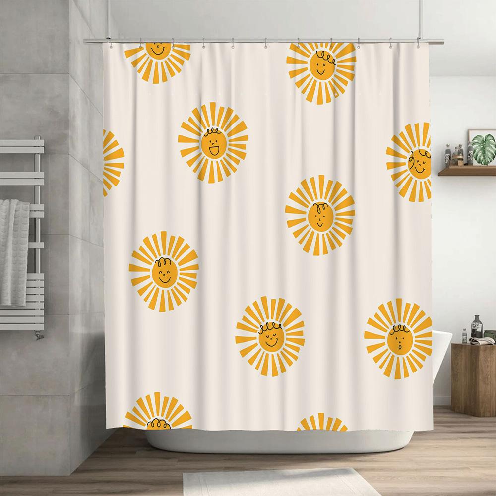 Yellow Sun Shower Curtain Bathroom Decor with Happy Faces Design White Bath Rug Set 3D Printed Waterproof Fabric Easy Installati