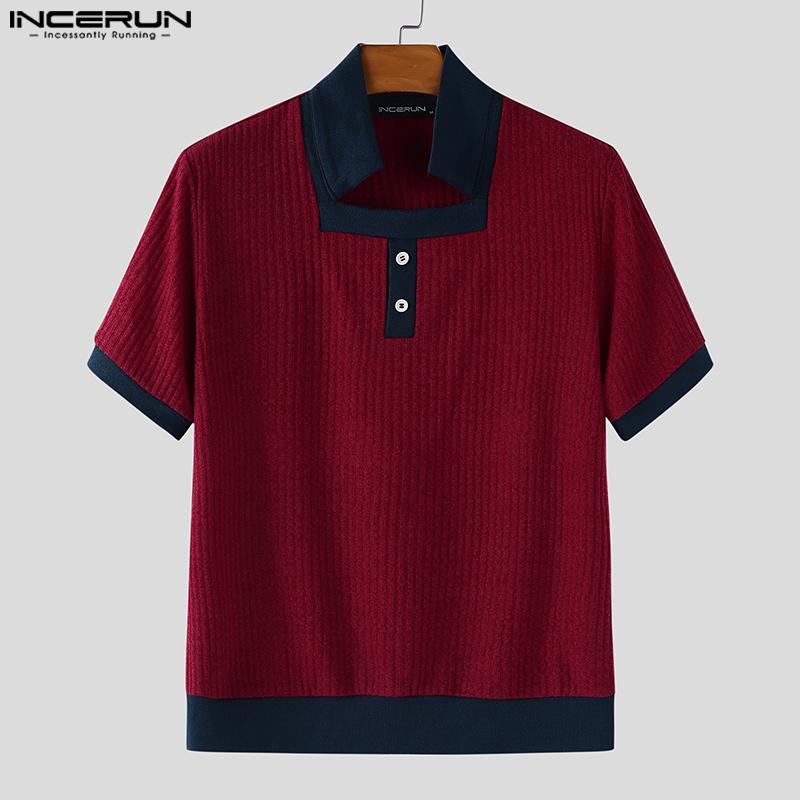 INCERUN Men Stitching Square Neck Short Sleeve Casual Woke Wear Rib T-shirts Tops