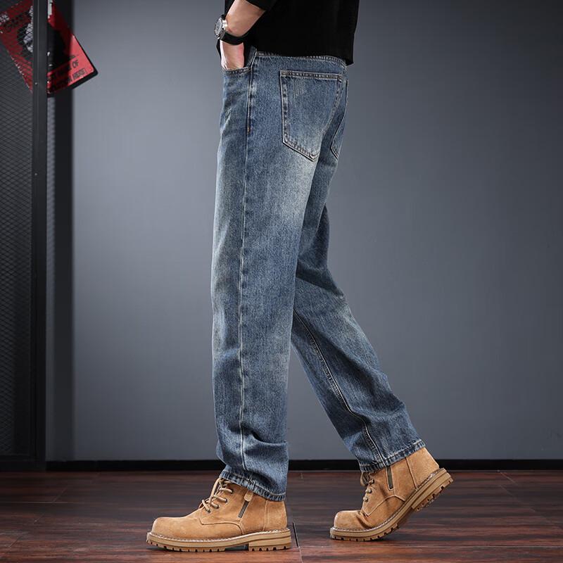 Jieleinuo Men's American Retro Washed Straight-Leg Denim Jeans