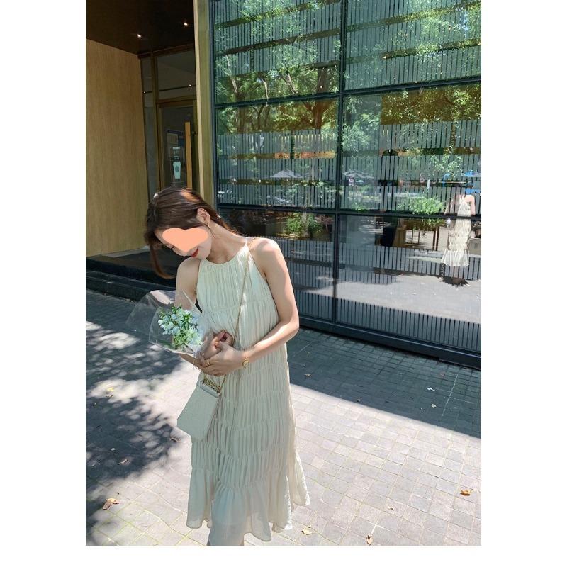 Women's Summer Halter Elegant Beach Pleated Loose Casual Long Dresses