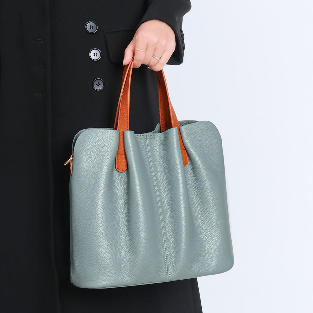 Genuine Leather Tote Bag, 2-Way, A4 Size, Large Capacity, Two-Tone Design, Crossbody or Shoulder Strap, Zipper Closure, Magnetic Closure (Linen Blue,