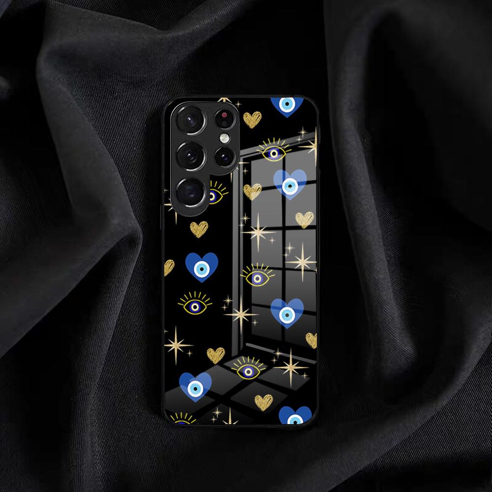 Vintage Evil Eyes Blue Phone Case For Samsung S25 Edge Ultra S23 S22 S21 S20 Ultra Plus S24 Fe A54 A53 A25 Glass Cover
