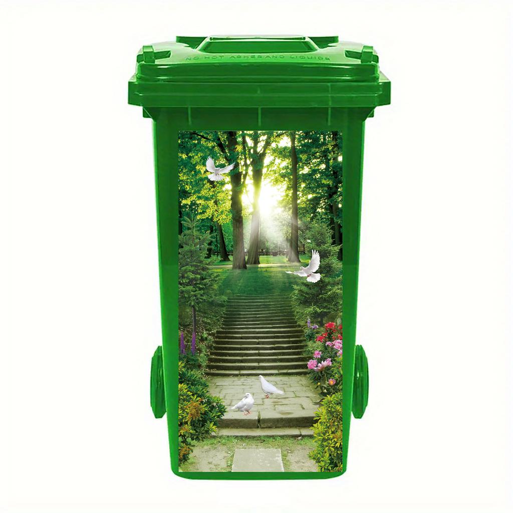 1 Pezzo Adesivo Pattumiera Alberi Verdi a Cascata Autoadesivo Paesaggio Naturale Decalcomania con Scene Vivaci di Foresta, Fiume e Funghi per Giardino Esterno