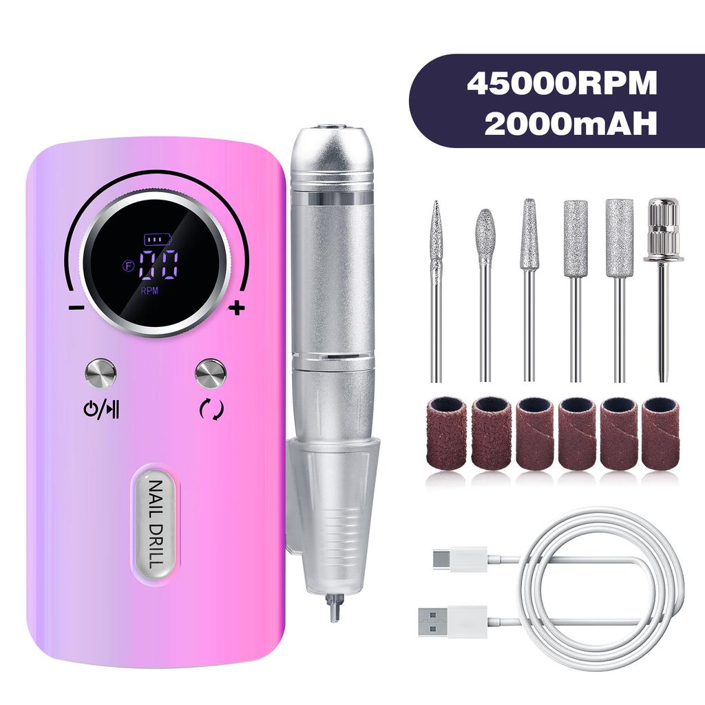 Professional Nail Drill Electric Nail File Manicure Pedicure Kit 45000RPM Portable with 6 Drill Bits for Salon and Home Use