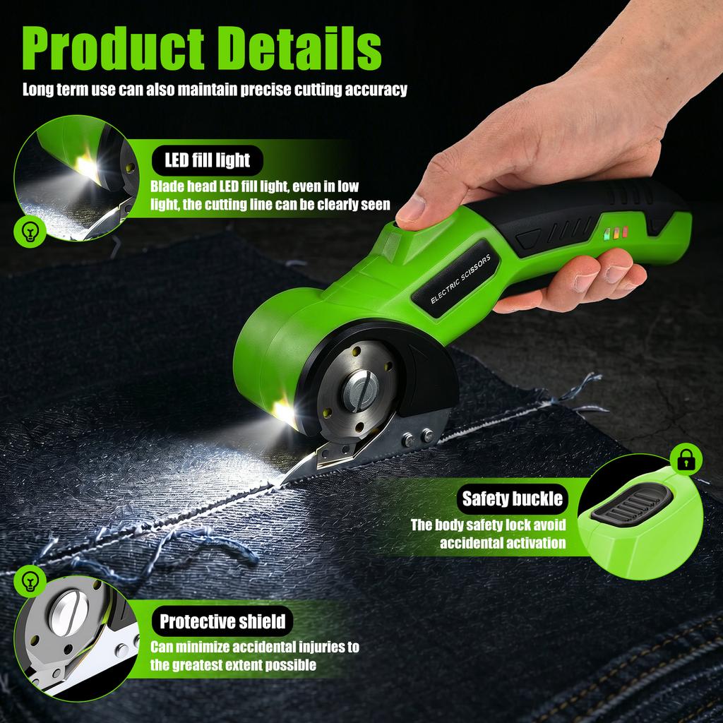 Cordless Electric Scissors 4.2V USB Rechargeable with LED Light and Safety Lock Carpet Cardboard Cutter Power Tool