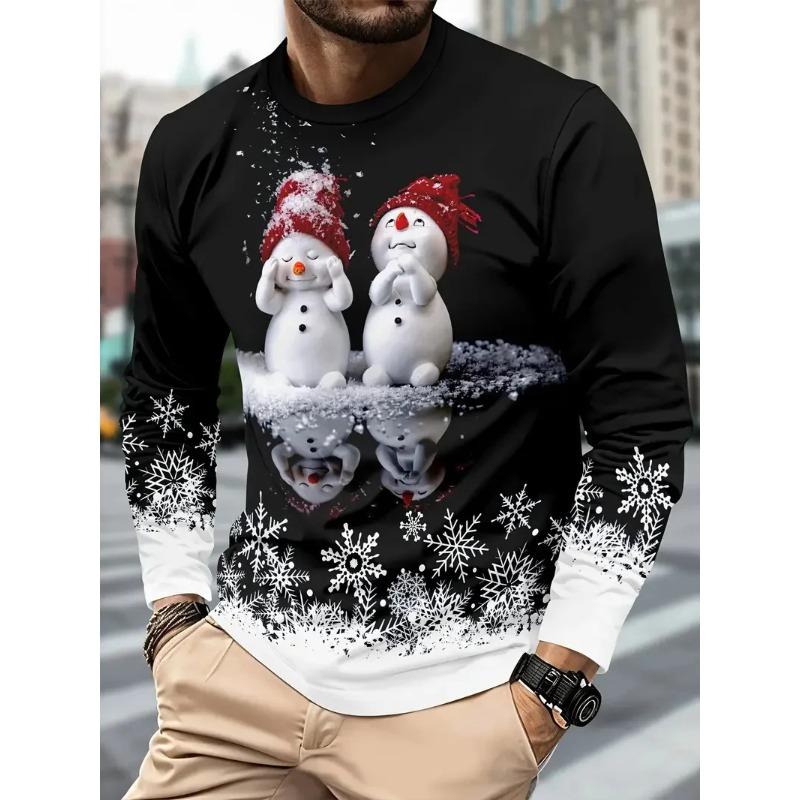 3D Printed Snowman Graphic Long Sleeve T-Shirts Fashion Santa Clause Pattern O-Neck Pullover Men's Christmas Elements Casual Tops