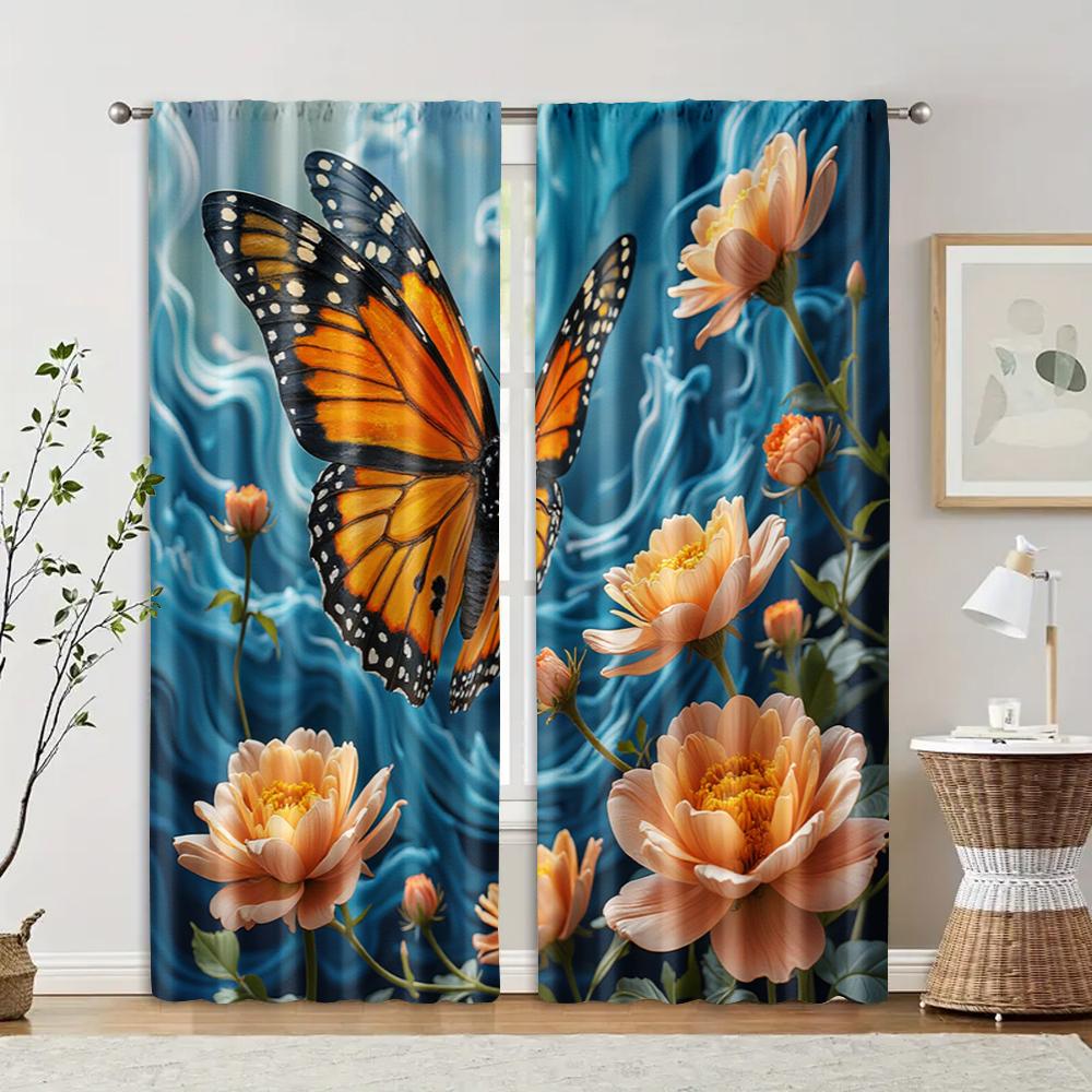 

2 pcs filtering curtains (excluding rods non-movable without batteries) Butterfly And Flowers for use in bedrooms and living 100*130 HOOK 1pcs