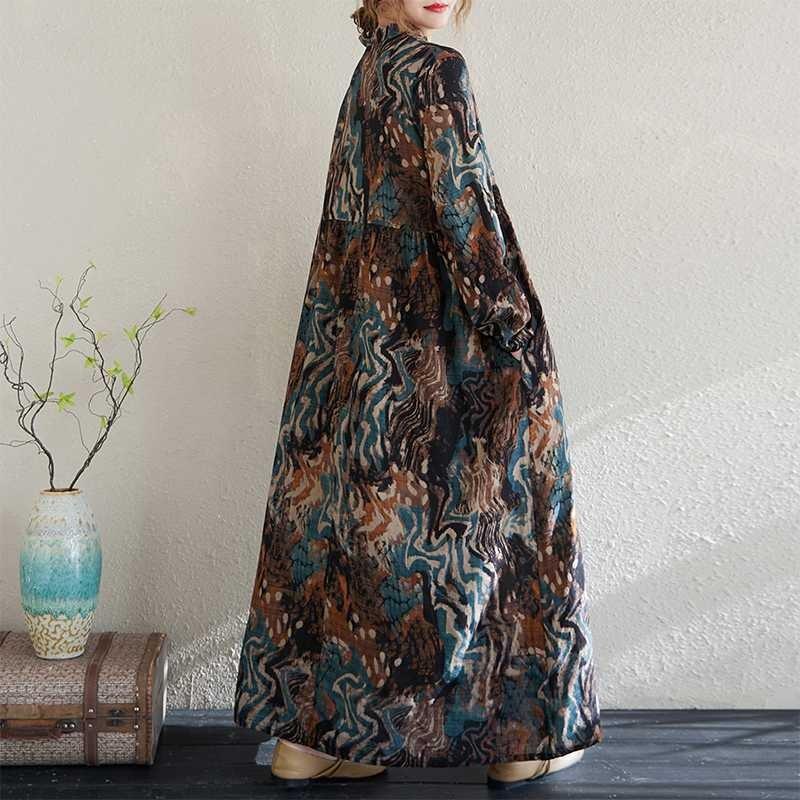 Real Spring and Summer New Retro Cotton and Linen Printing Loose Casual Fungus Lace Collar Long-sleeved Big Swing Dress