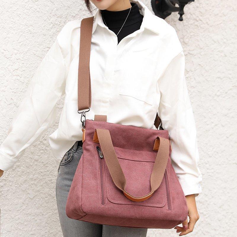 Solid Color Canvas Tote Bag, Large Capacity Crossbody Bag, Portable Travel Shoulder Bag