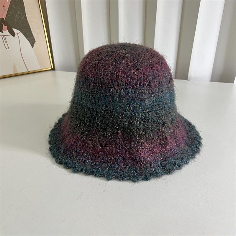 Wool Color Gradual Change Knitted Bucket Hat Women's Autumn and Winter Warm Face Small Ruffle Edge Wool Blend Basin Hat