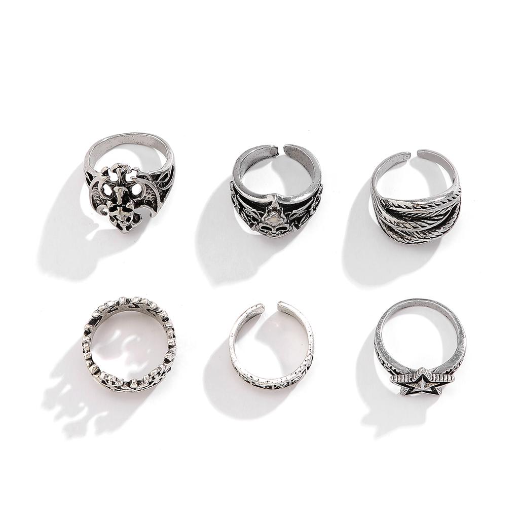 KunJoe 6pcs/set Halloween Jewelry Gothic Metal Skull Head Five Point Star Ring for Men Punk Silver Color Rings Party Gift