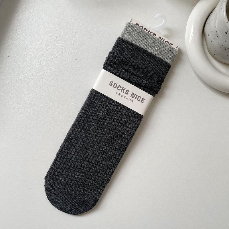 Spring and Autumn Children's Sock Set - Mid-length Double-cuffed Multi-color Plaid Socks, Gray Fake Two-piece Long Socks, Pure Cotton, Bone-free Socks