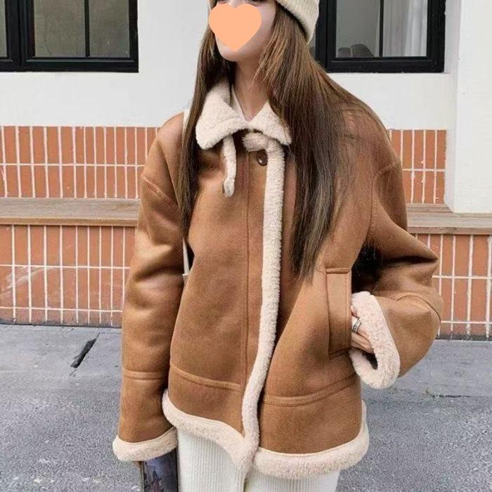 Women s Petite Lambswool Motorcycle Jacket - Thickened Fleece for Winter and Autumn S