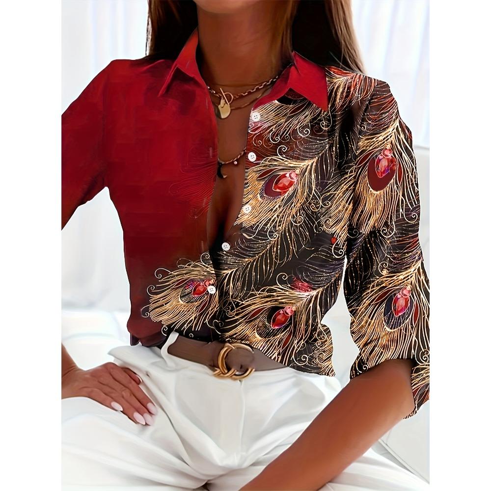 Peacock Print Casual Loose Women's Shirt 2023 Autumn Vintage Women's Oversized Shirts and Blouses Fashion Elegant Women's Tops