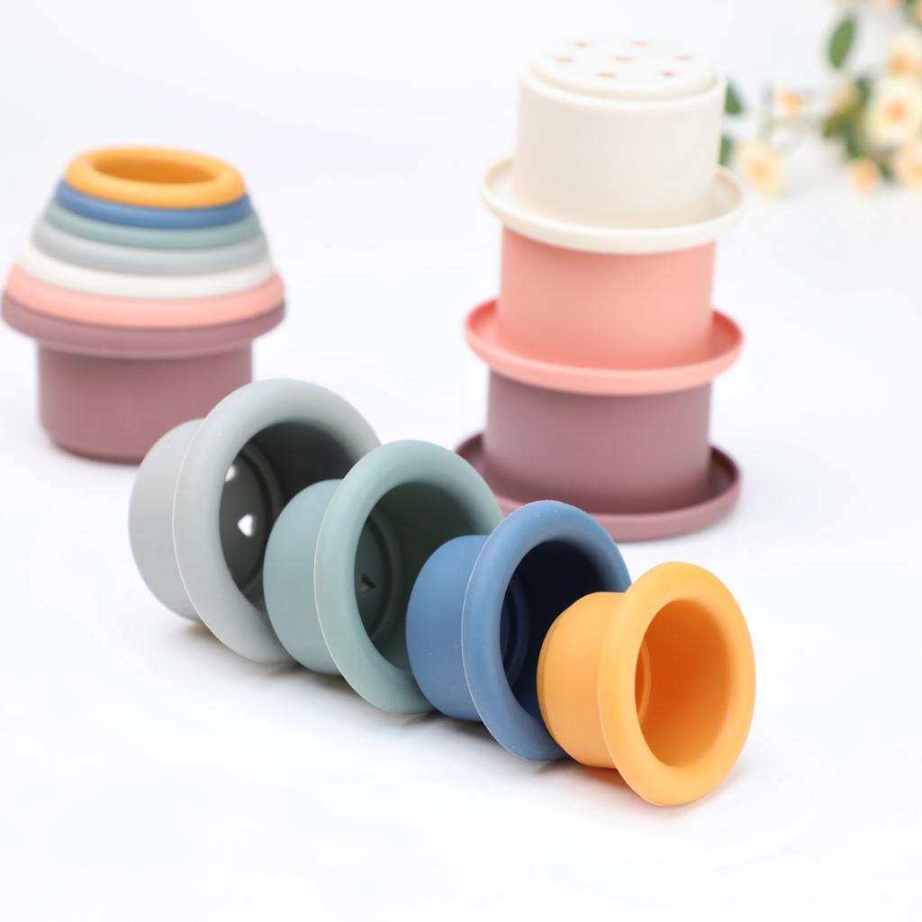 1Set Silicone Stacking Cups Montessori Toys for Kids Stacker Blocks Early Educational Toys Baby Bath Toys Ins Style Bathtub Toy