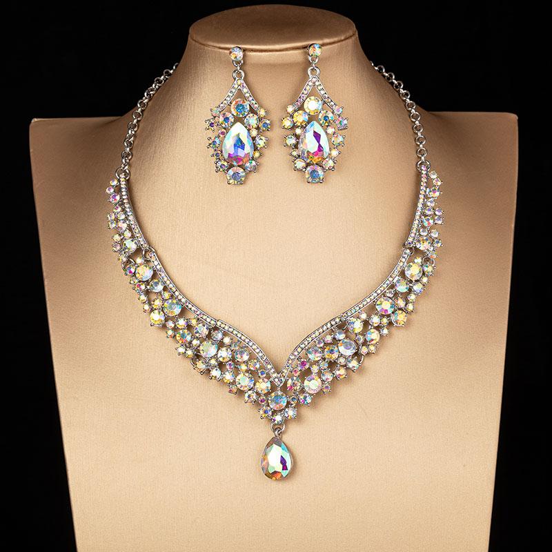 Gorgeous Crystal AB Bridal Jewelry Sets Fashion Tiaras Earrings Necklaces Set for Women Wedding Dress Crown Jewelry Set