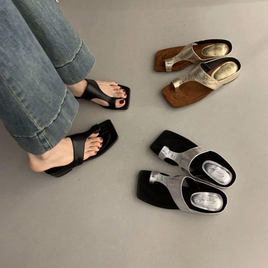 Mode Bailamos Mode Damen Hausschuhe Basic Zehenring Damen Sandalen Sommer Retro Peep Toe Einfarbig Täglich Lässig Flache Sandalen Strand Pantolette