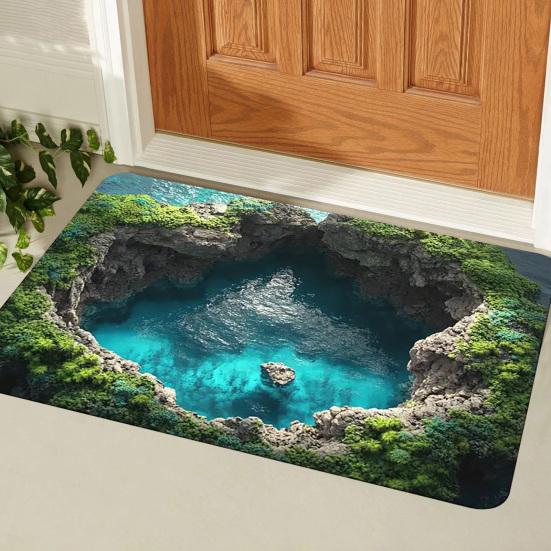 Floor Mat 3D Optical Illusion Design Floor Rug with Anti-Slip Dots Artistic Cave Design Decorative Accent Carpet Home Decor