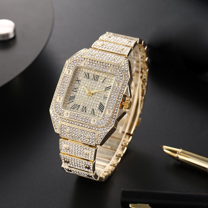 Klassische Luxus Business Herren Stahlband Quadratisch Römische Ziffern Strass Quarz Uhr Lesiure Herren Armbanduhr