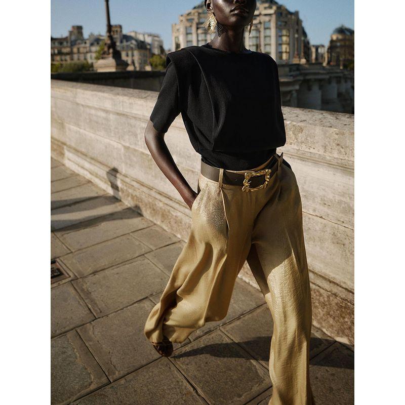 Za2025 Autumn New Women clothes Versitile Fashion Shoulder Pad round Neck Short sleeve Knitted Top 3920107 800