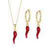 Creative Enamel Red Chilis Pendant Necklace With Matching Earrings Gold Plated Stainless Steel Jewelry Set For Women