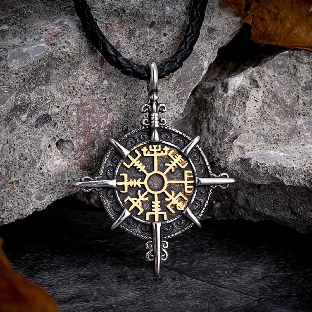 

Mens Viking Compass Necklace Stainless Steel Norse Runes Trident Pendant Leather Chain Amulet Jewelry 60cm