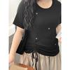 Plus size women clothing [Street Western Style T] Bow Embroidery Short sleeve T-shirt 100.00kg Summer Drawstring Waist Hugging Top