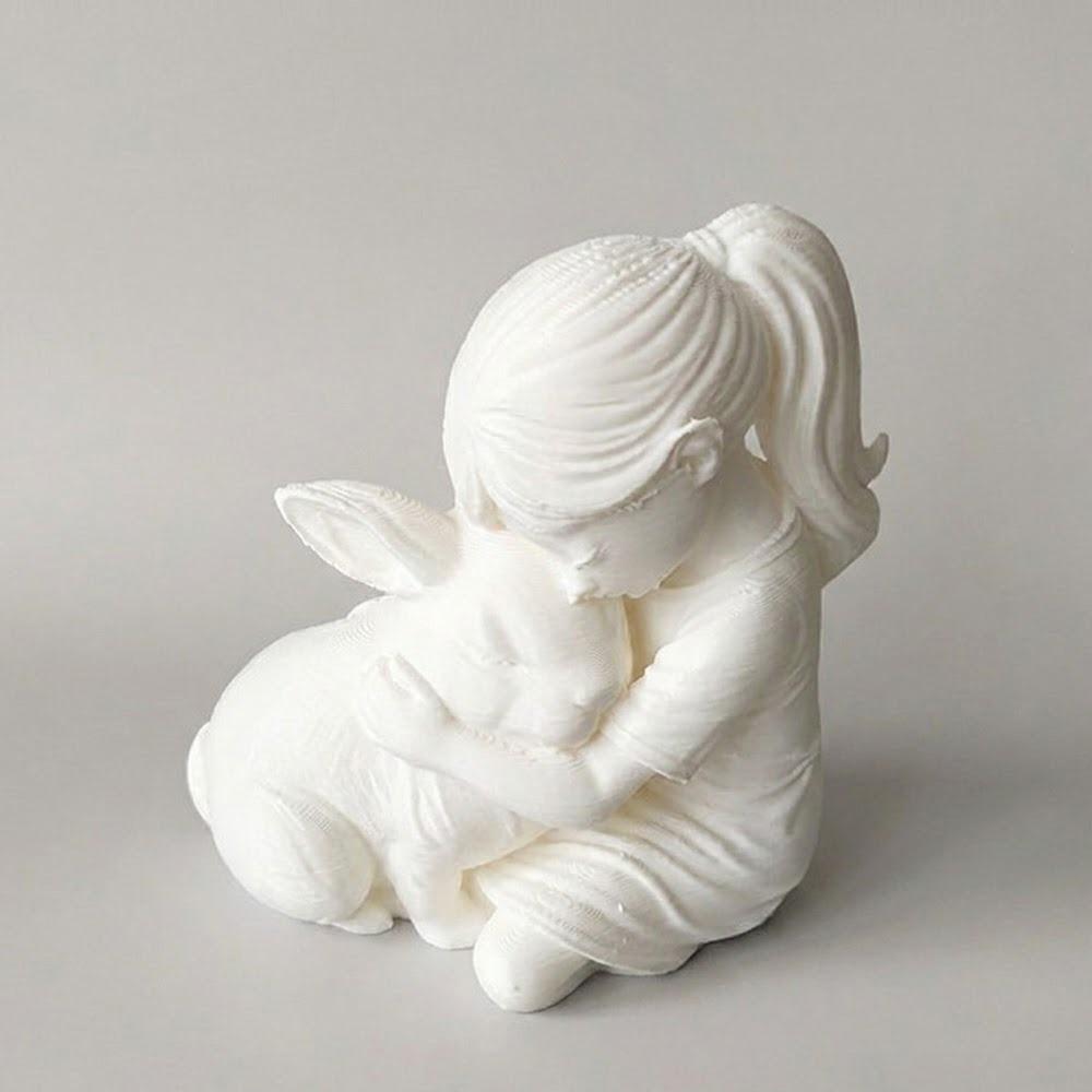 Cute Girl and Rabbit Sculpture Unique Desktop Dog Figurine Collectible Bunny Ornaments Crafts  Gift белый