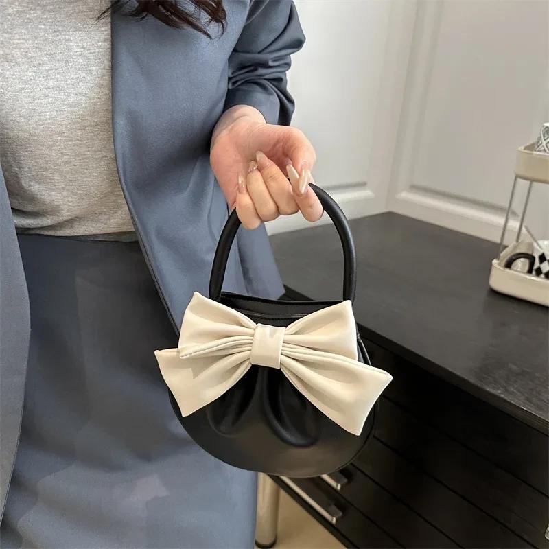 Women's Mini PU Clutch Bag Lightweight Small Purse with Bow Handle Magnetic Closure Coin Purse Soft Tote Handbag for Girls