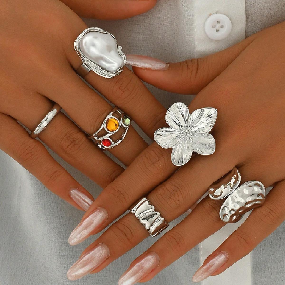 Набор из 6 шт. Блестящие Модные Персонализированные Геометрические Цветочные Разноцветные Каменные Жемчужные Кольца, Женские Повседневные Украшения серебряный