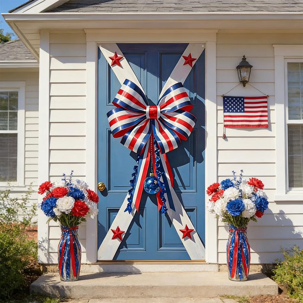 Patriotic Wreath with Decorative Bow and Star Elements for Front Door Indoor Outdoor Festival Use Holiday Decor
