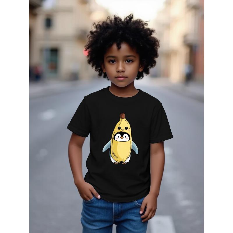 European sizes Penguin with Banana Hood Boys and Girls New Casual Short-sleeved T-shirt Summer Children's Round Neck Clothing Printed T-shirt