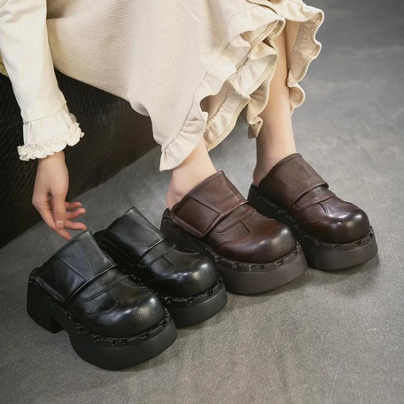 Johnature Retro Genuine Leather Outdoor Slippers Thick Heel Comfortable Slip-on Women's Platform Shoes