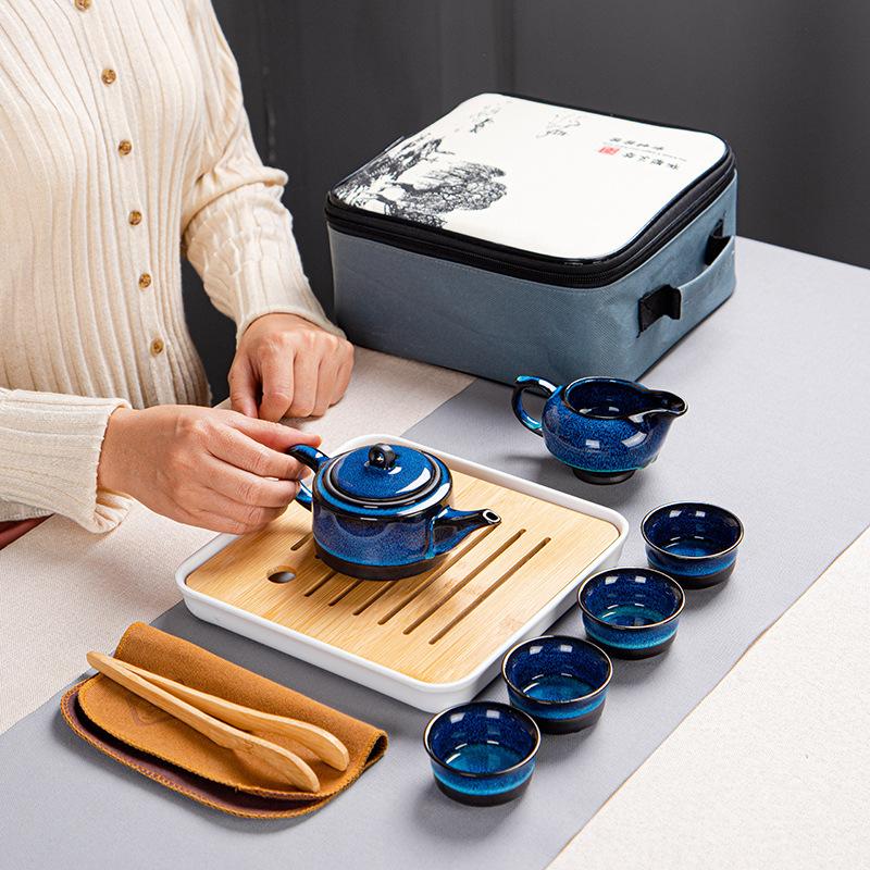 Kung Fu tea set travel set Tianmu glaze Jun kiln becomes portable business gift souvenir