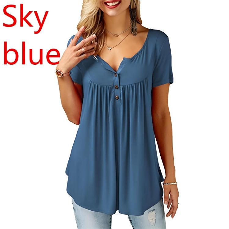 Casual Women Loose Short Sleeve Tunic Blouse O Neck Button Top Ladies Shirts Elastic