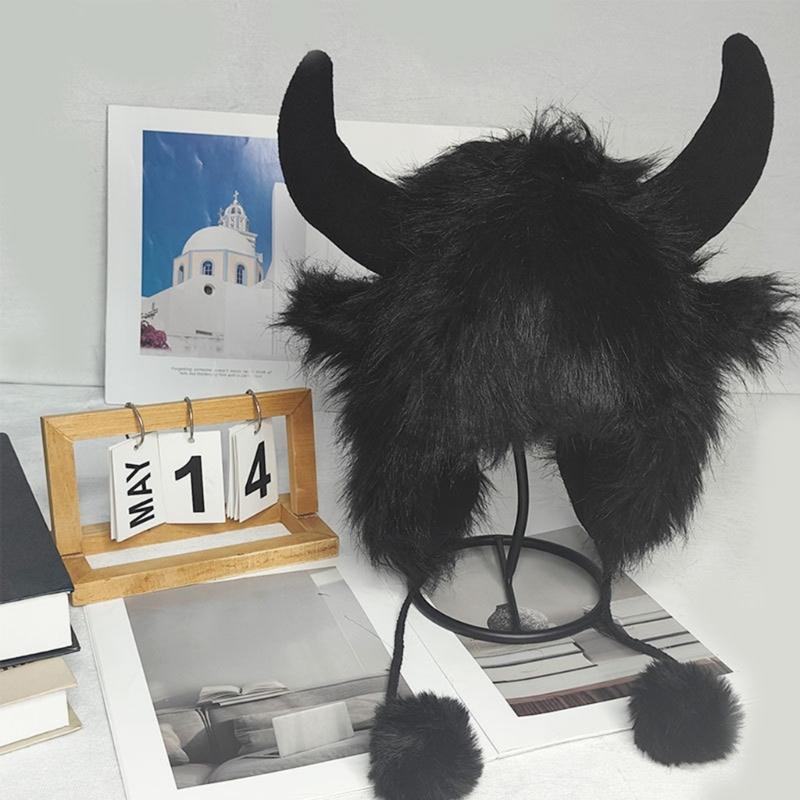 Cappello Invernale Peluche Corna di Toro, Morbido Cappello da Trapper con Copertura per le Orecchie e Laccetti per il Mentone per Uso Esterno, Foto e Viaggi