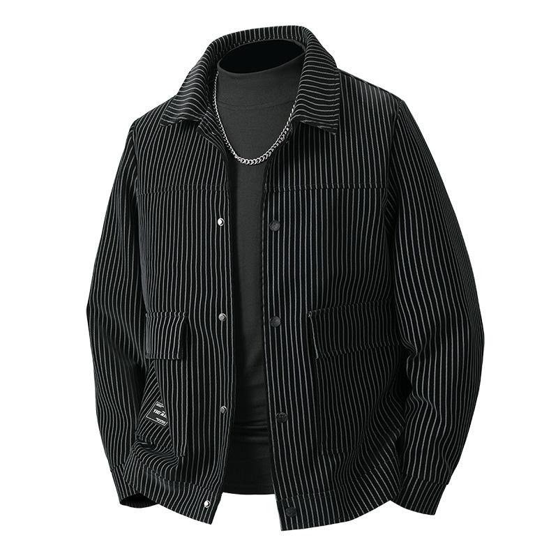 

Мужская осенне-зимняя полосатая кожаная куртка с воротником и множеством карманов, куртка рабочей одежды L чёрный