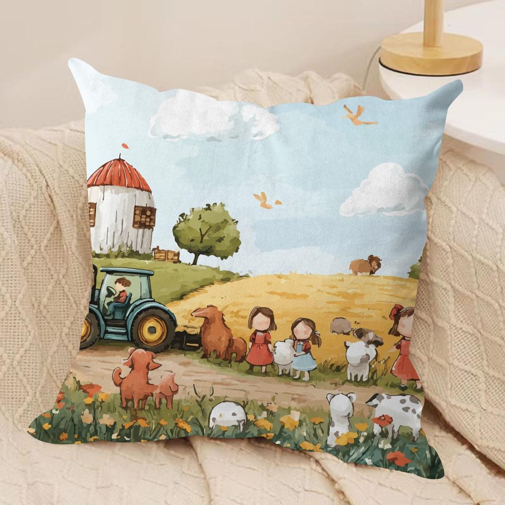 Colorful Farm Painting Cushion Cover Soft Plush Throw Pillow Cover DoubleSided Decorative Cushion Case Sofa Bedroom Home Decor